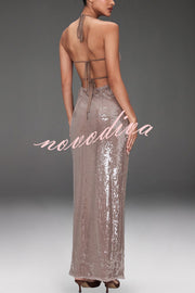 Light Up The City Sequin Cutout U-neck Back Lace-up Maxi Dress