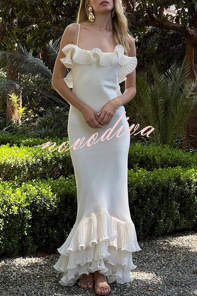 Alisin Pleated Chiffon Wavy Ruffles Trim Slip Maxi Dress