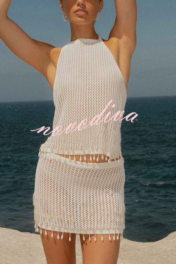 Fashion Knit Hollow Back Top and Embellished Fitted Stretch Beach Mini Skirt Set