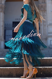 Elegant Tassel Hem Elastic Waist Casual Maxi Skirt