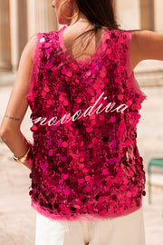 Fashionable Sequined Round Neck Sleeveless Loose Vest