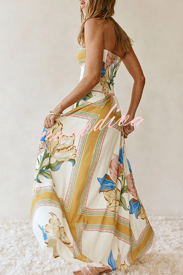 Linen Blend Unique Print Off-The-Shoulder Pleated Resort Maxi Dress