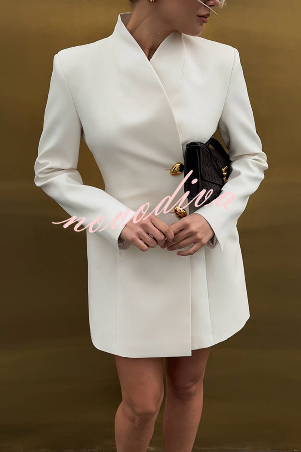 Kayleen Stand V-neck Decorative Metal Button Long Sleeve Pocket Blazer Mini Dress