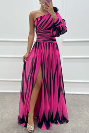 Purely Charming Printed Rose Pendant One Shoulder Pleated Slit Maxi Dress