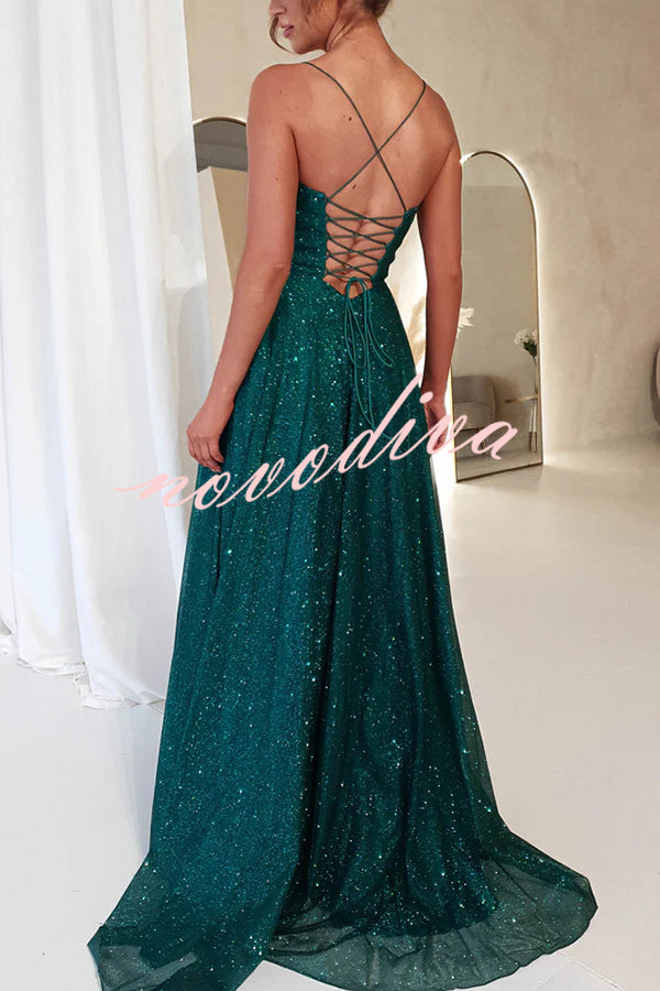 Cinderella Glitter Tulle Fabric Cowl Neck Back Lace-up Pocketed Slit Maxi Dress