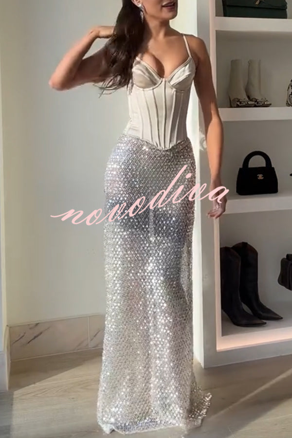 The Great Gatsby Embellished Sequin Mid Rise Flare Maxi Skirt