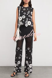 Fashion Embroidered Hollow Hook Elastic Waist Casual Wide-leg Pants