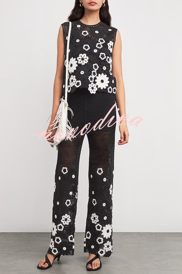 Fashion Embroidered Hollow Hook Elastic Waist Casual Wide-leg Pants