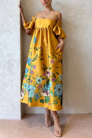 Sweetest Marigold Print Gathered Sleeve Pocketed A-line Midi Dress