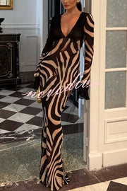 City Night Chiffon Colorblock Animal Print Tie-up Long Sleeve Maxi Dress