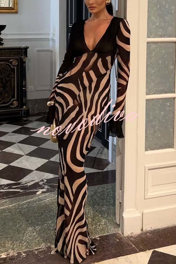 City Night Chiffon Colorblock Animal Print Tie-up Long Sleeve Maxi Dress