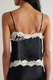 Celebration Look Contrast Color Satin Lace Trim V-Neck Slip Tank