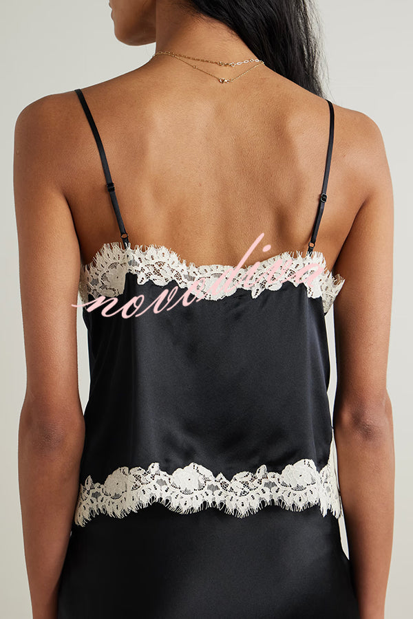 Celebration Look Contrast Color Satin Lace Trim V-Neck Slip Tank