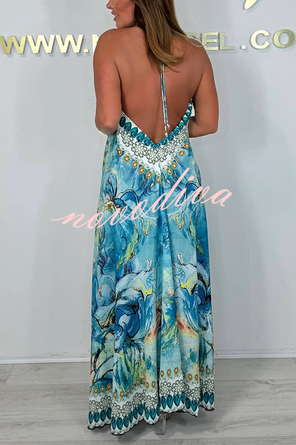 Unique Print V-neck Open Back Loose Maxi Dress