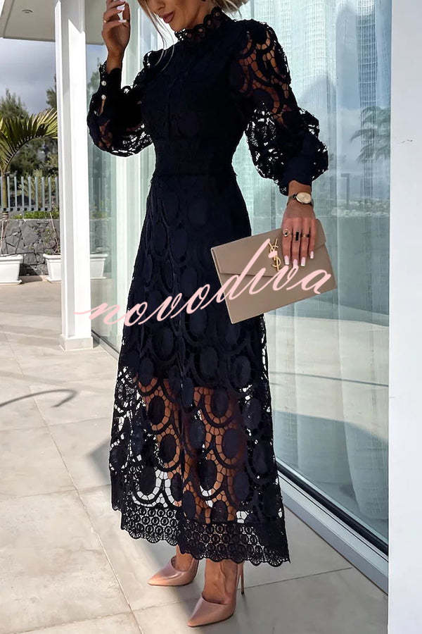 Romantic, Sensual and Elegant Crochet Lace Lantern Sleeve Party Midi Dress