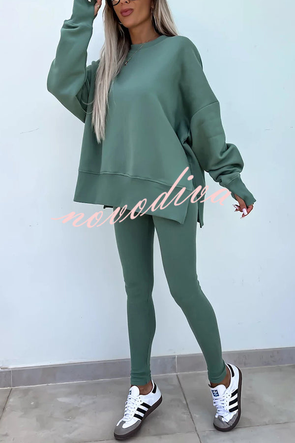 Solid Color Loose Long Sleeve SlitSweatshirt and Elastic Waist Tight Pants Set