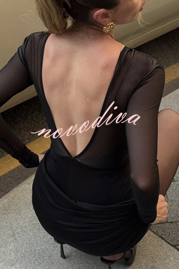 Sexy Mesh See-through Long-sleeved Backless Pleated Rompers