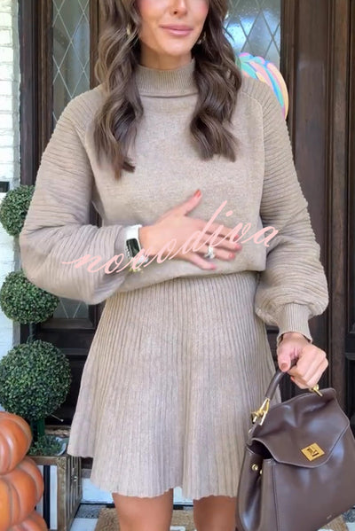 Solid Color Round Neck Puff Sleeve Loose Knit Sweater and Casual Striped Mini Skirt Set