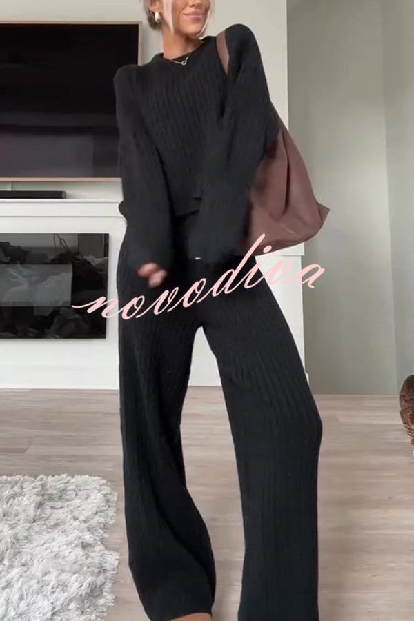 Autumn Travel Knit Cable Long Sleeve Sweater and Elastic High Waist Wide Leg Pants Set