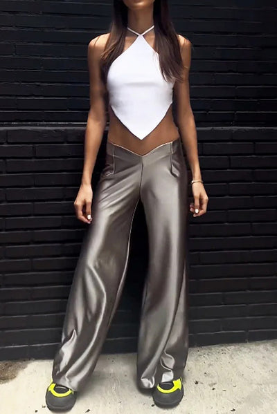 Sexy Halterneck Backless Lace-up and Metallic Wide-leg Pants Set