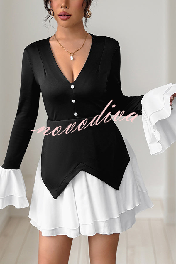 Fashionable Contrast Color Panel Long Sleeve Ruffled Mini Dress