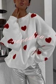 Fashionable Embroidered Love Loose Round Neck Long Sleeve Knitted Sweater