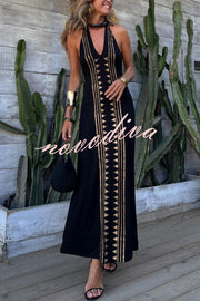 Meret Gold Geometric Print Halter Backless Stretch Maxi Dress