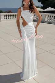Sexy One-shoulder Backless Ribbon Pleated Slim Maxi Dress