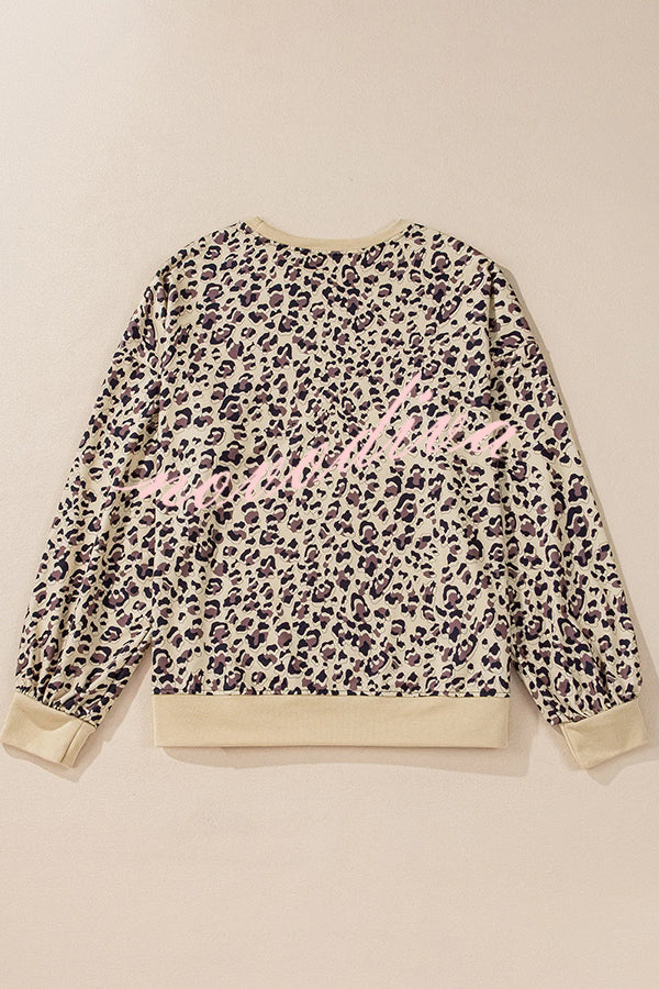 Leopard Print Crew Neck Patchwork Long sleeve Casual Loose Sweatshirt