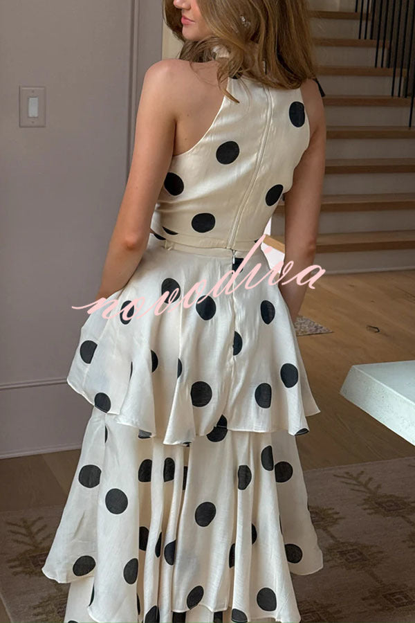 Gift To You Polka Dot Print High Neck Sleeveless Top and Layered Hem Maxi Skirt Set