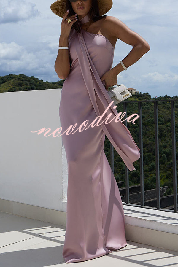 Cheers Babe Satin Solid Color Elegant One Shoulder Tie Maxi Dress