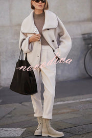 Romane Faux Fleece Fabric Contrast Trim Long Sleeve Knitted Pocket Lapel Loose Jacket