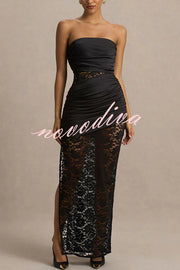 Dulcie Lace and Satin Patchwork Asymmetrical Pleats Bandeau Maxi Dress