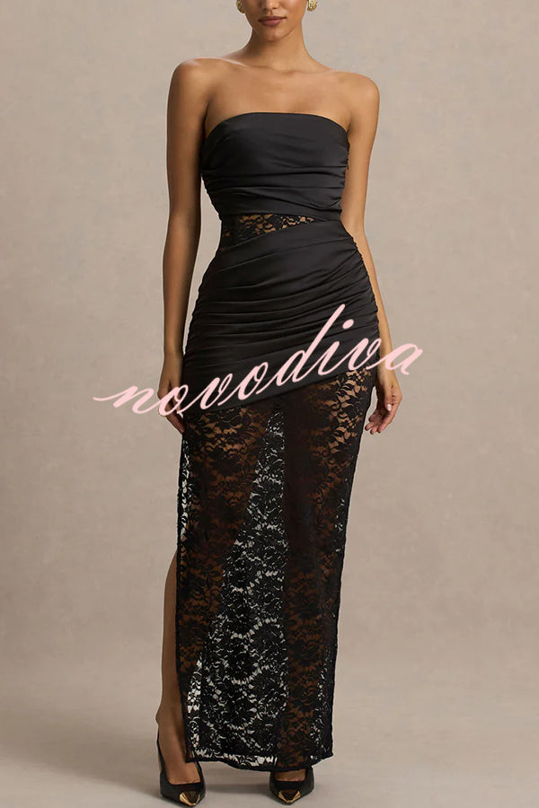 Dulcie Lace and Satin Patchwork Asymmetrical Pleats Bandeau Maxi Dress