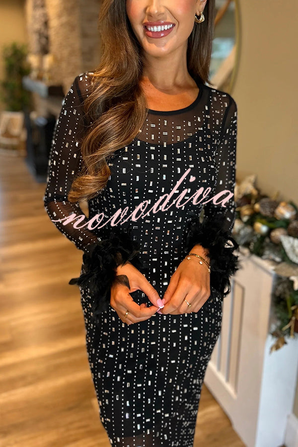 Sexy Long Sleeve Round Neck Feather Edge Rhinestone Decoration Slim Fit Maxi Dress