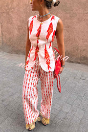 Good Luck Linen Blend Koi Pattern High Rise Elastic Waist Loose Pants