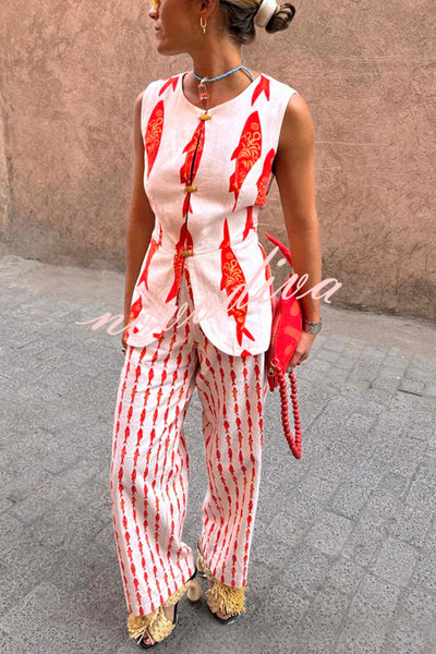 Good Luck Linen Blend Koi Pattern High Rise Elastic Waist Loose Pants