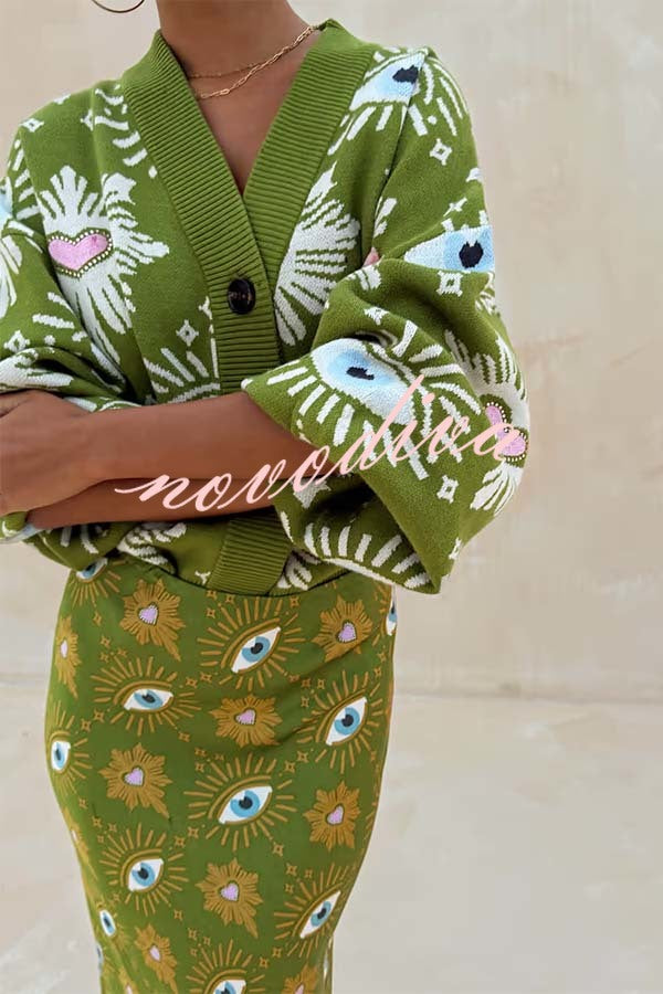 Mysterious Magic Knit Eye Heart Pattern Button Up Long Sleeve Loose Cardigan
