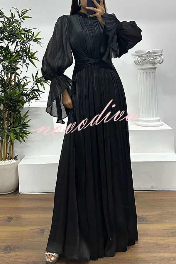 Ellah Shiny Fabric Chinese Stand Collar Twist Waist Balloon Sleeve Maxi Dress