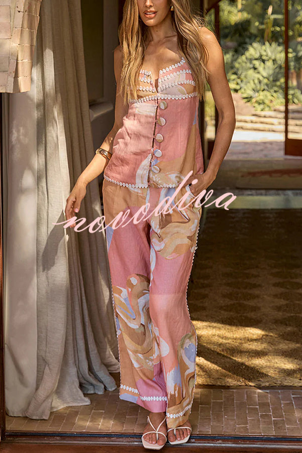 European Summer Linen Blend Ric Rac Trims High Rise Pocket Loose Pants