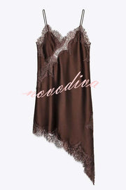 Elouise Satin Lace Trim V-neck Asymmetrical Hem Slip Mini Dress