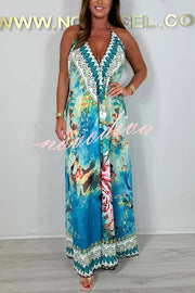 Unique Print V-neck Open Back Loose Maxi Dress