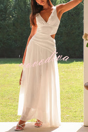 Solid Color V-neck Waist Hollow Slim Maxi Dress