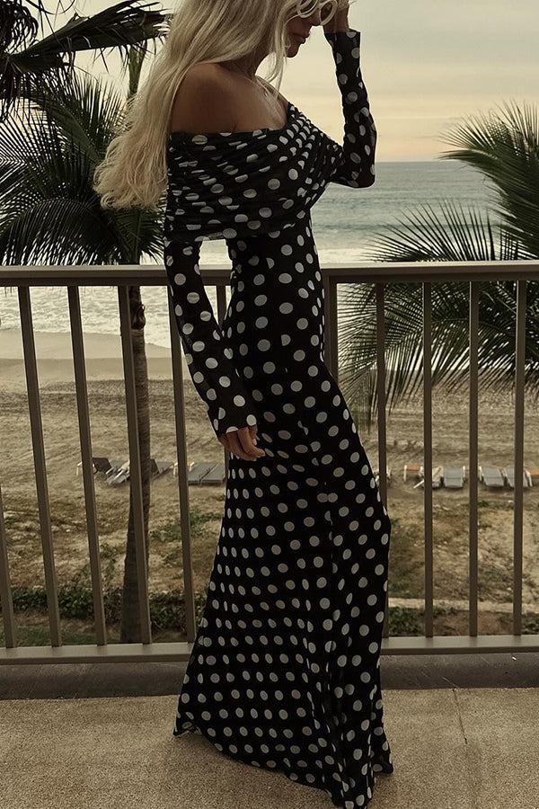 Chic Statement Polka Dot Print Off Shoulder Ruched Stretch Maxi Dress