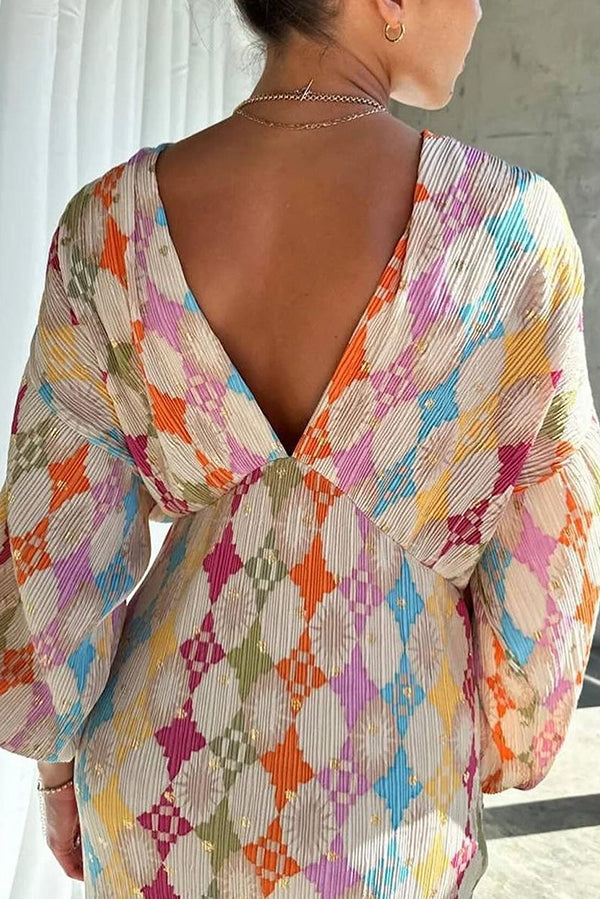 Gorgeous Sunshine Colorful Unique Print Kimono Puff Sleeve Midi Dress