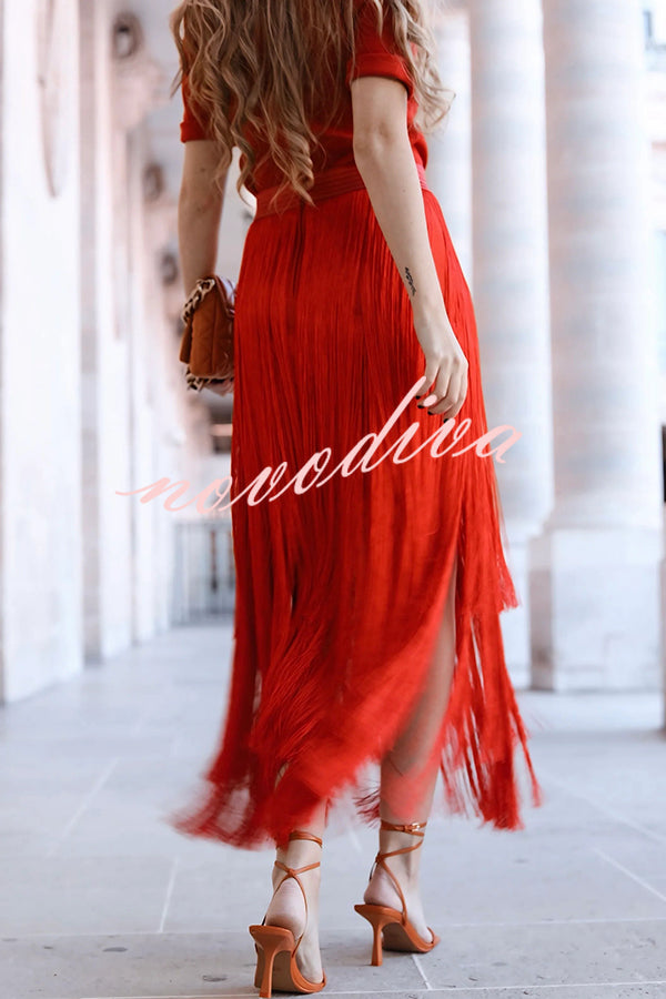 Elegant Tassel Hem Elastic Waist Casual Maxi Skirt