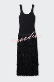 Solid Color Sleeveless Slim Fit Fringed Hem Knitted Midi Dress