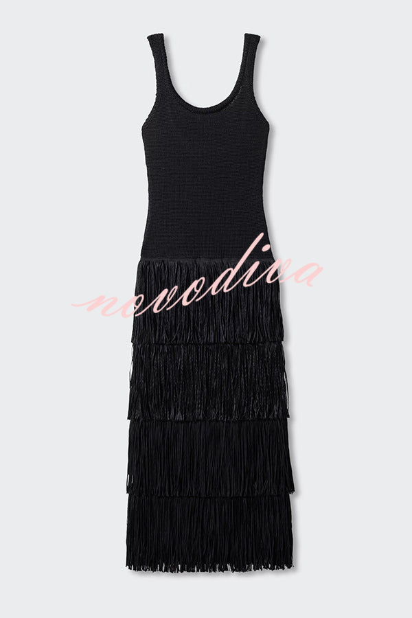 Solid Color Sleeveless Slim Fit Fringed Hem Knitted Midi Dress
