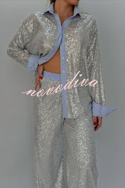 Fashion Sequined Loose Long-sleeved Shirt and Casual Elastic Waist Wide-leg Pants Set