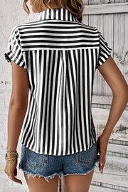 Striped Print Short Sleeve Pocket Shirt Top